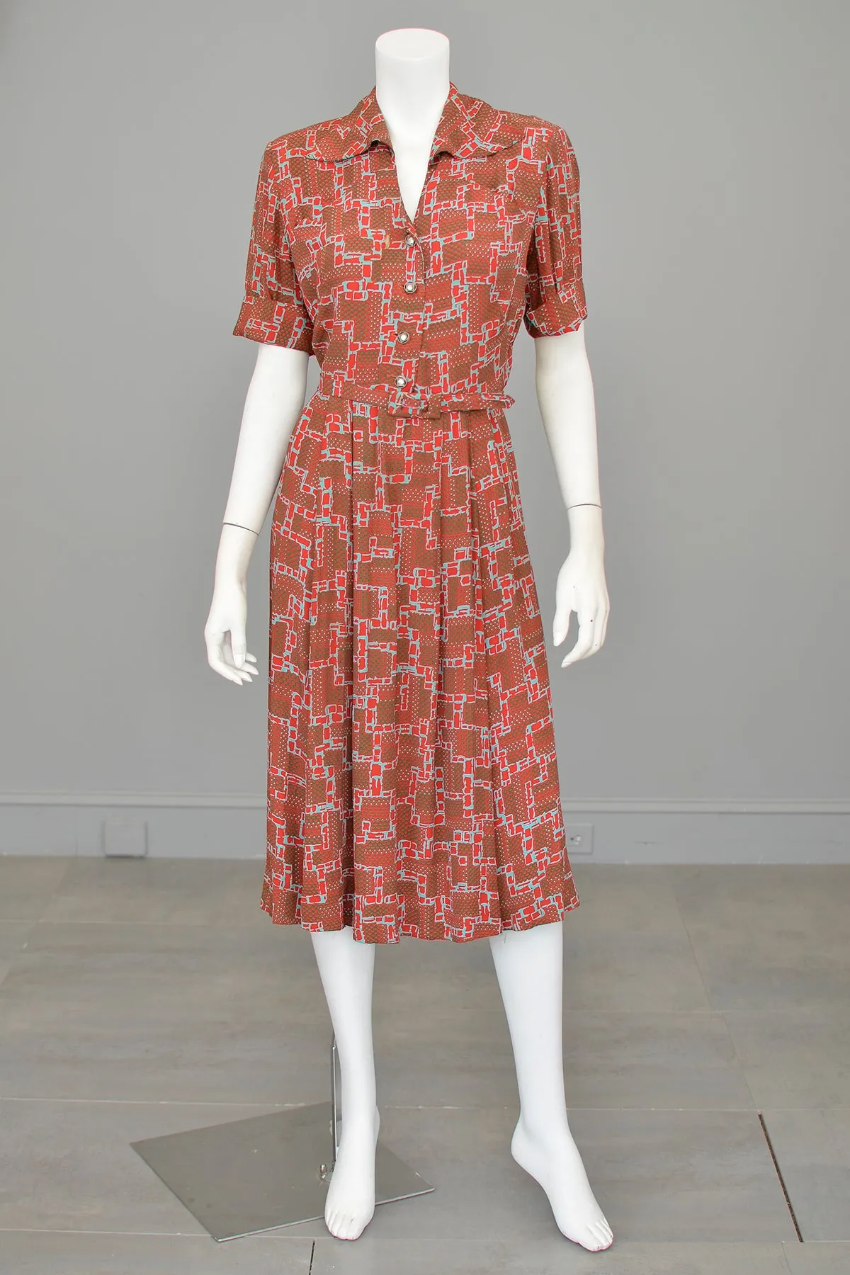 1940s Geometric Print Dress in Brick Red, Olive Green and Aqua Blue | Wounded Bird