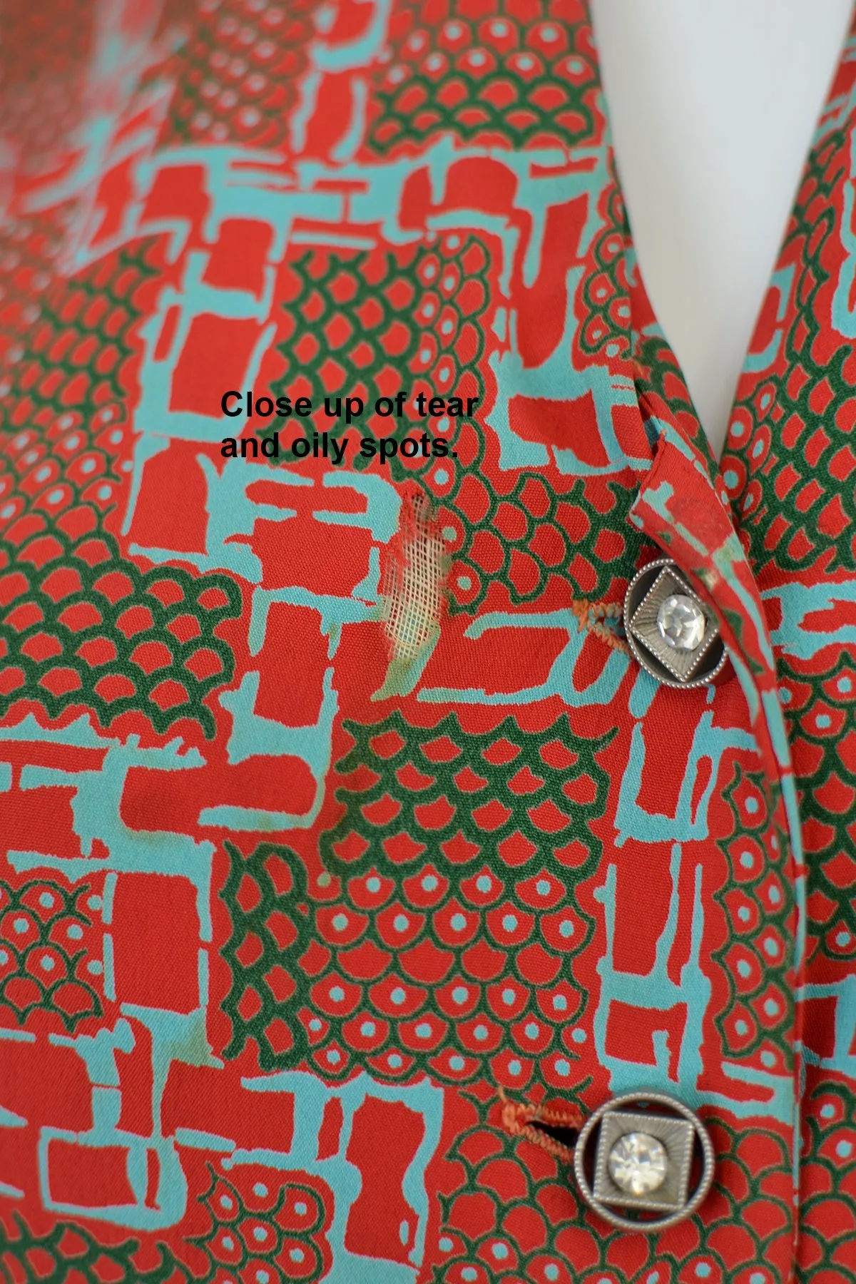 1940s Geometric Print Dress in Brick Red, Olive Green and Aqua Blue | Wounded Bird