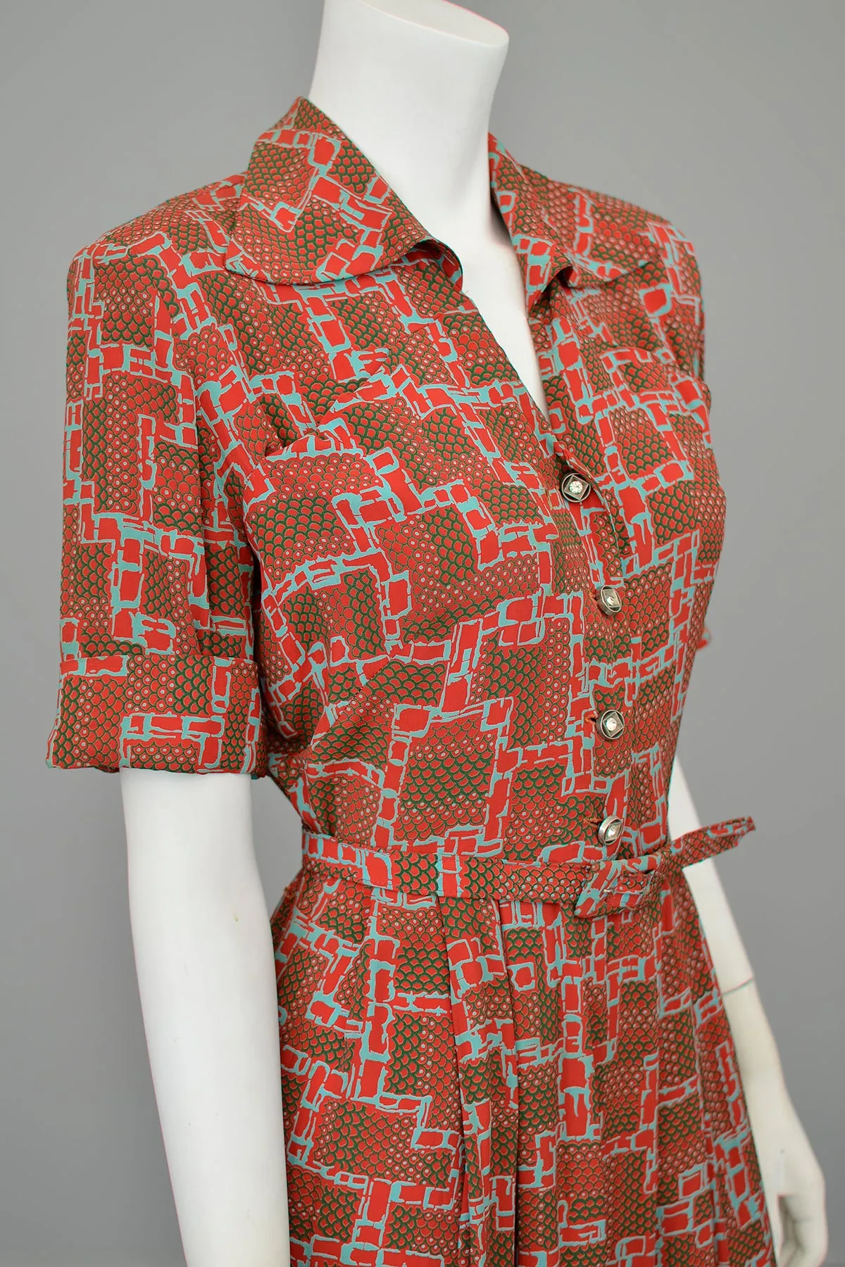 1940s Geometric Print Dress in Brick Red, Olive Green and Aqua Blue | Wounded Bird