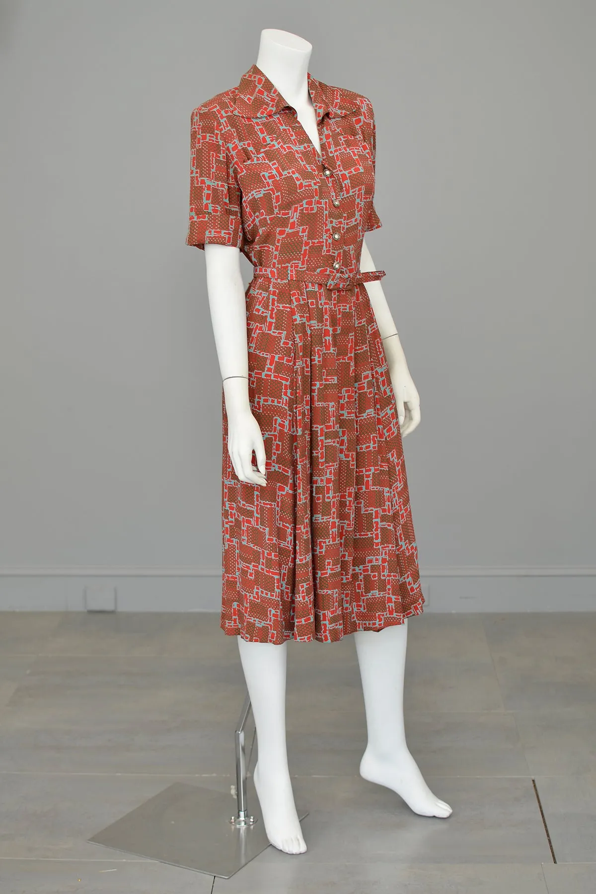 1940s Geometric Print Dress in Brick Red, Olive Green and Aqua Blue | Wounded Bird