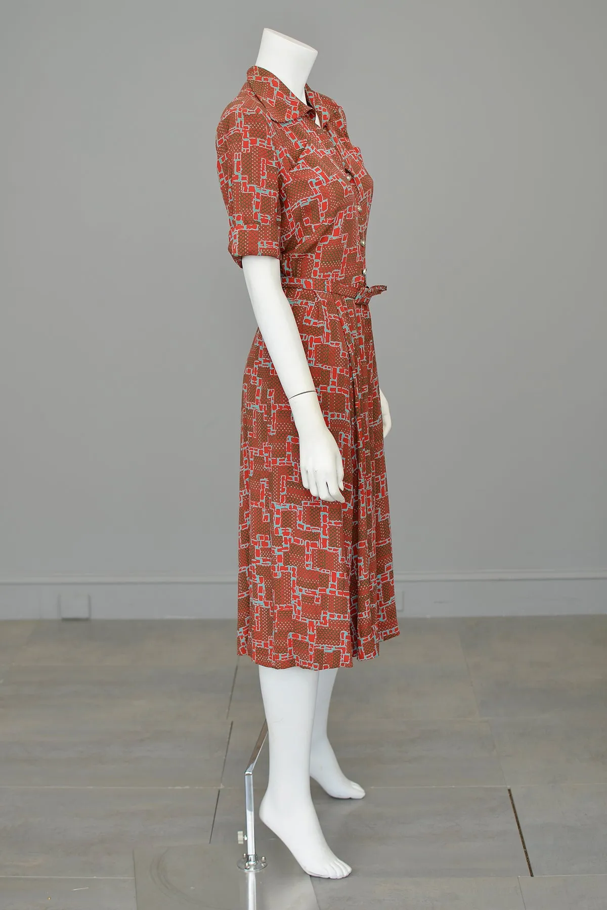 1940s Geometric Print Dress in Brick Red, Olive Green and Aqua Blue | Wounded Bird