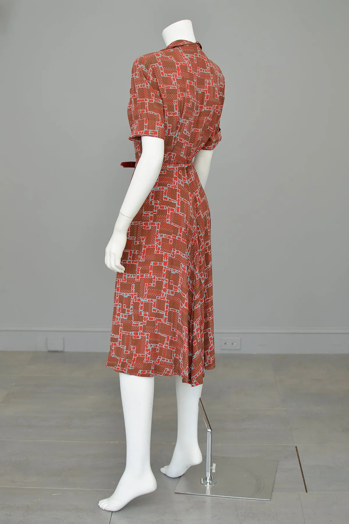 1940s Geometric Print Dress in Brick Red, Olive Green and Aqua Blue | Wounded Bird