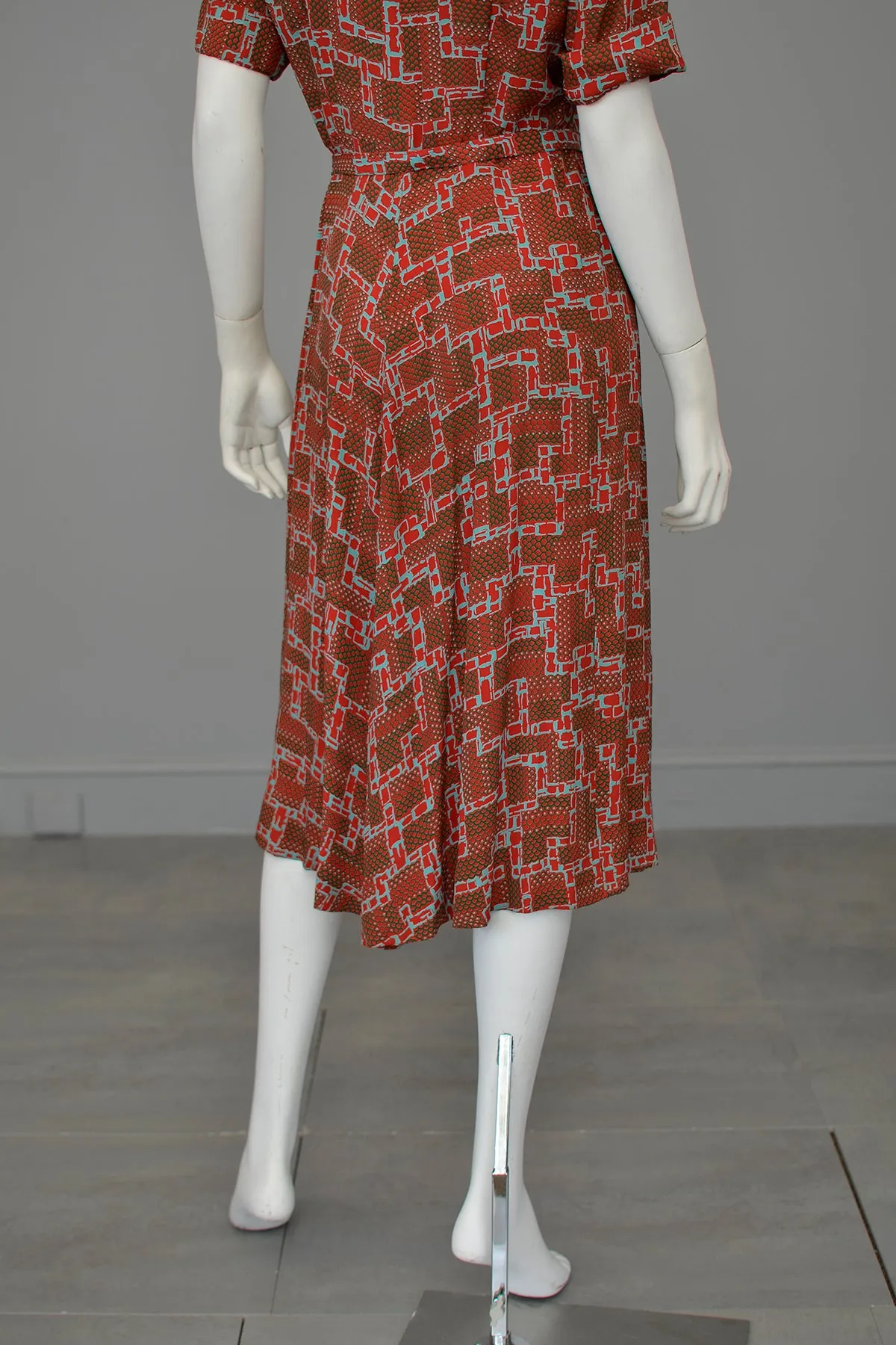 1940s Geometric Print Dress in Brick Red, Olive Green and Aqua Blue | Wounded Bird