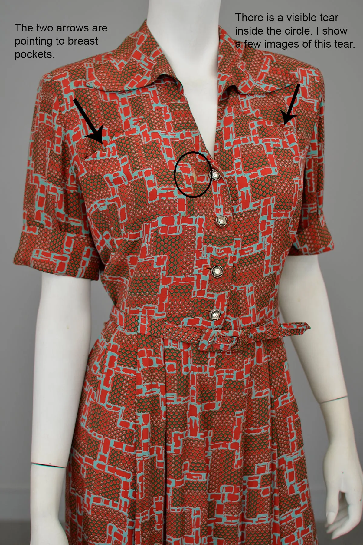 1940s Geometric Print Dress in Brick Red, Olive Green and Aqua Blue | Wounded Bird