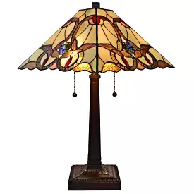 23 Cream Red and Blue Stained Glass Handcrafted Jeweled Two Light Mission Style Table Lamp