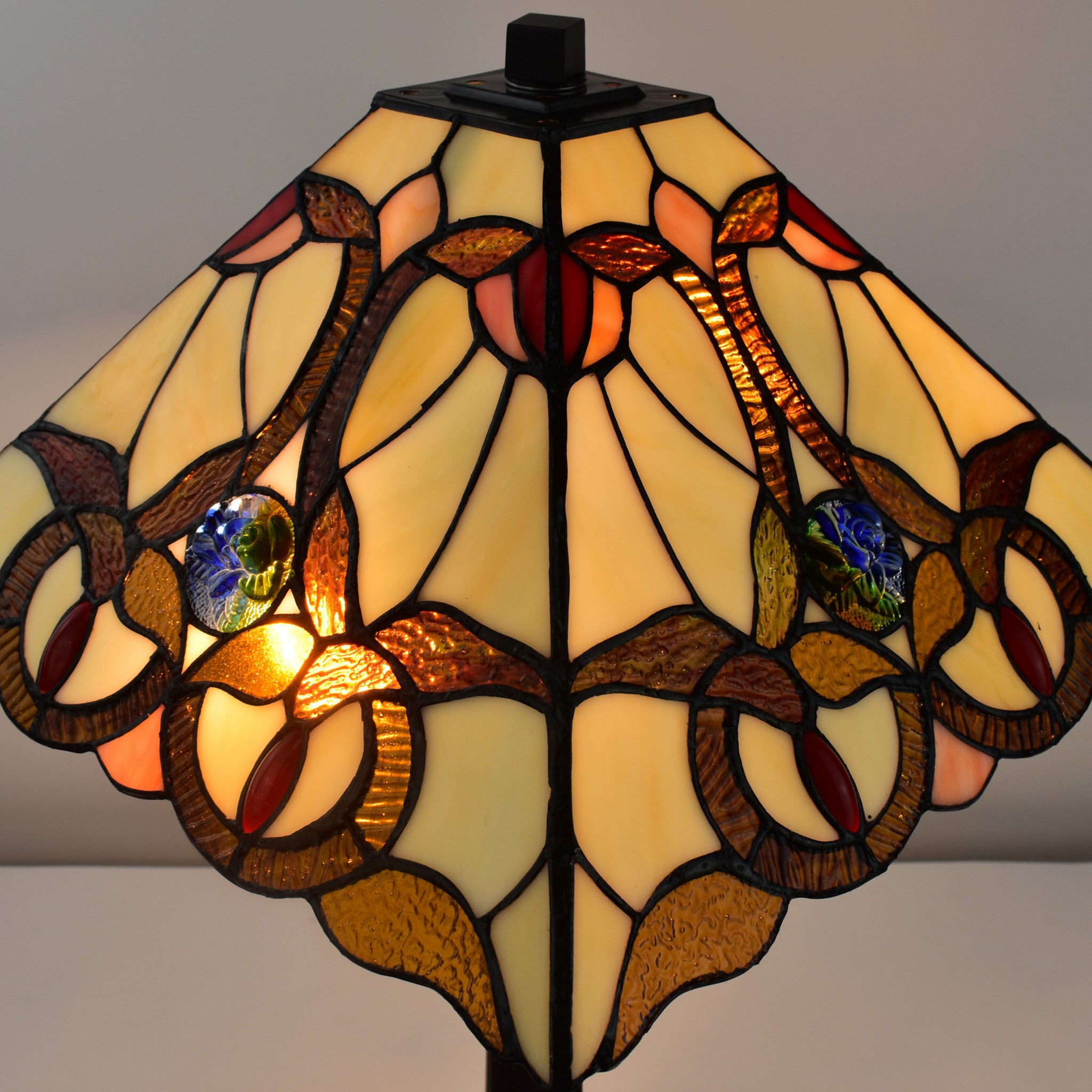 23 Cream Red and Blue Stained Glass Handcrafted Jeweled Two Light Mission Style Table Lamp