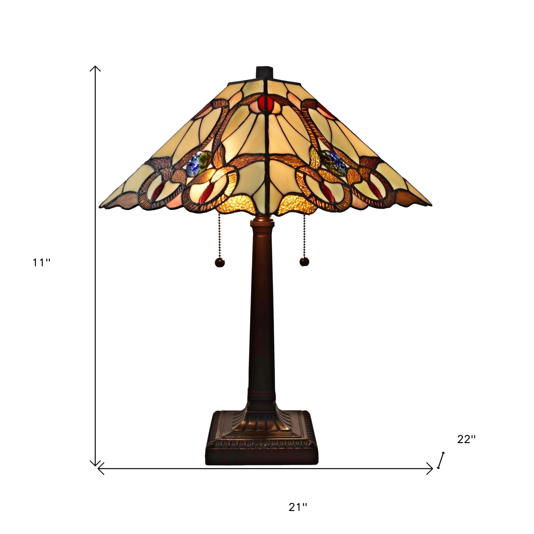 23 Cream Red and Blue Stained Glass Handcrafted Jeweled Two Light Mission Style Table Lamp