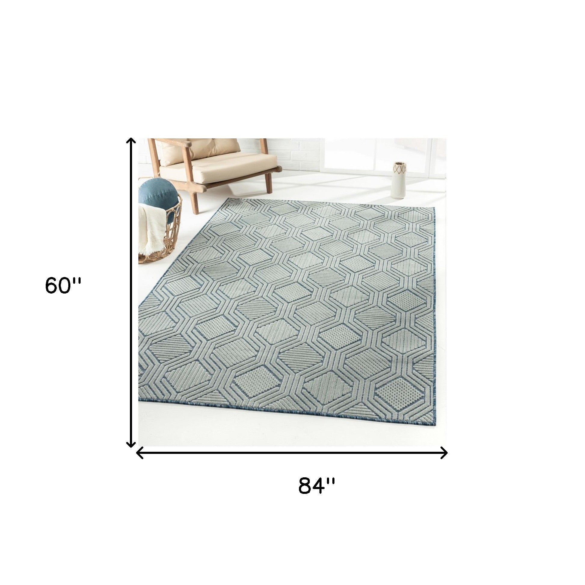 5' X 7' Light Blue And Navy Geometric Stain Resistant Area Rug