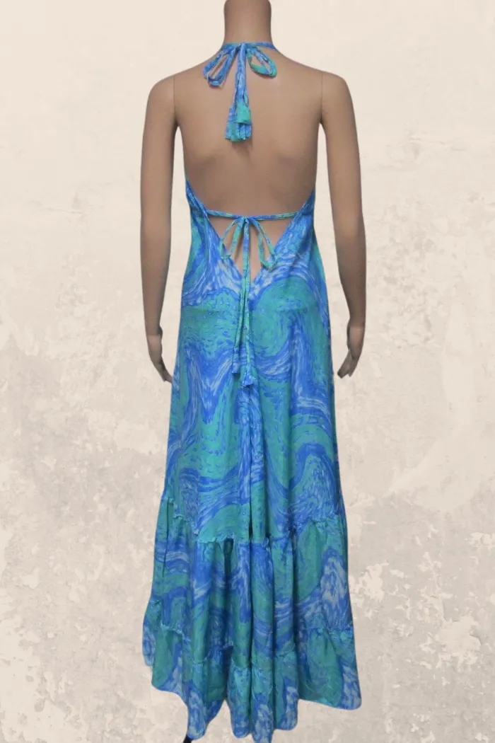 Alluring  Long Halter Dress in a Blue-Aqua Print