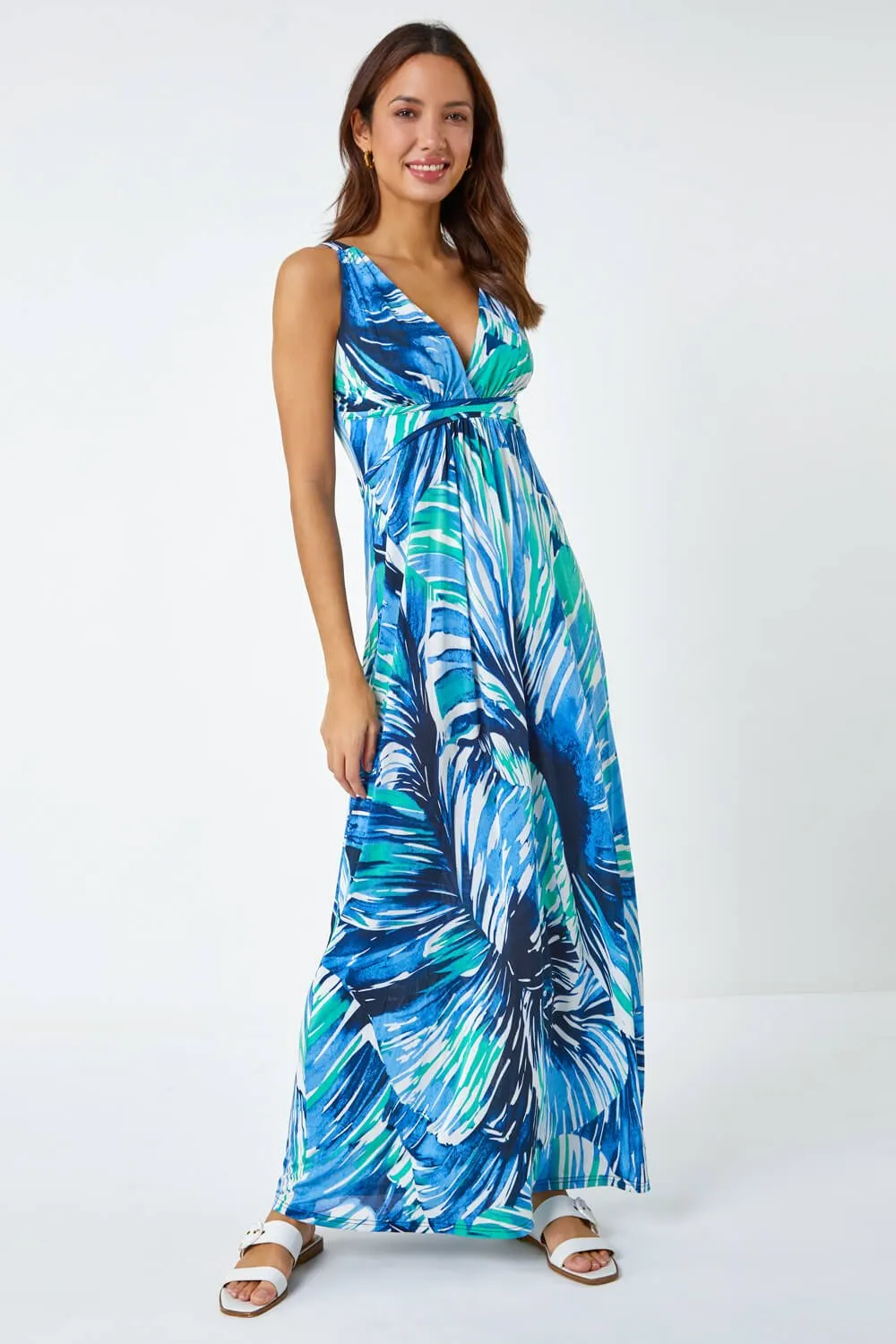 Aqua Abstract Print Maxi Stretch Dress | Roman UK