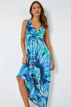 Aqua Abstract Print Maxi Stretch Dress | Roman UK