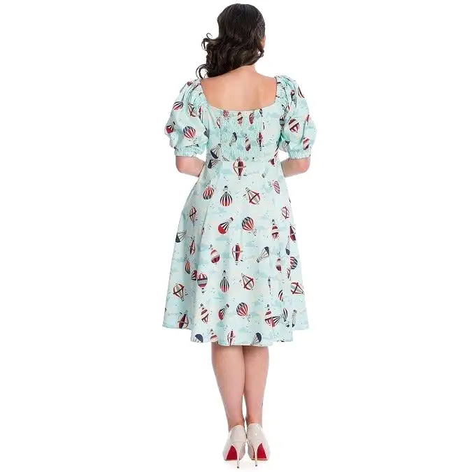 Aqua Blue Hot Air Balloon Print Puff Sleeve Vintage Style Swing Dress