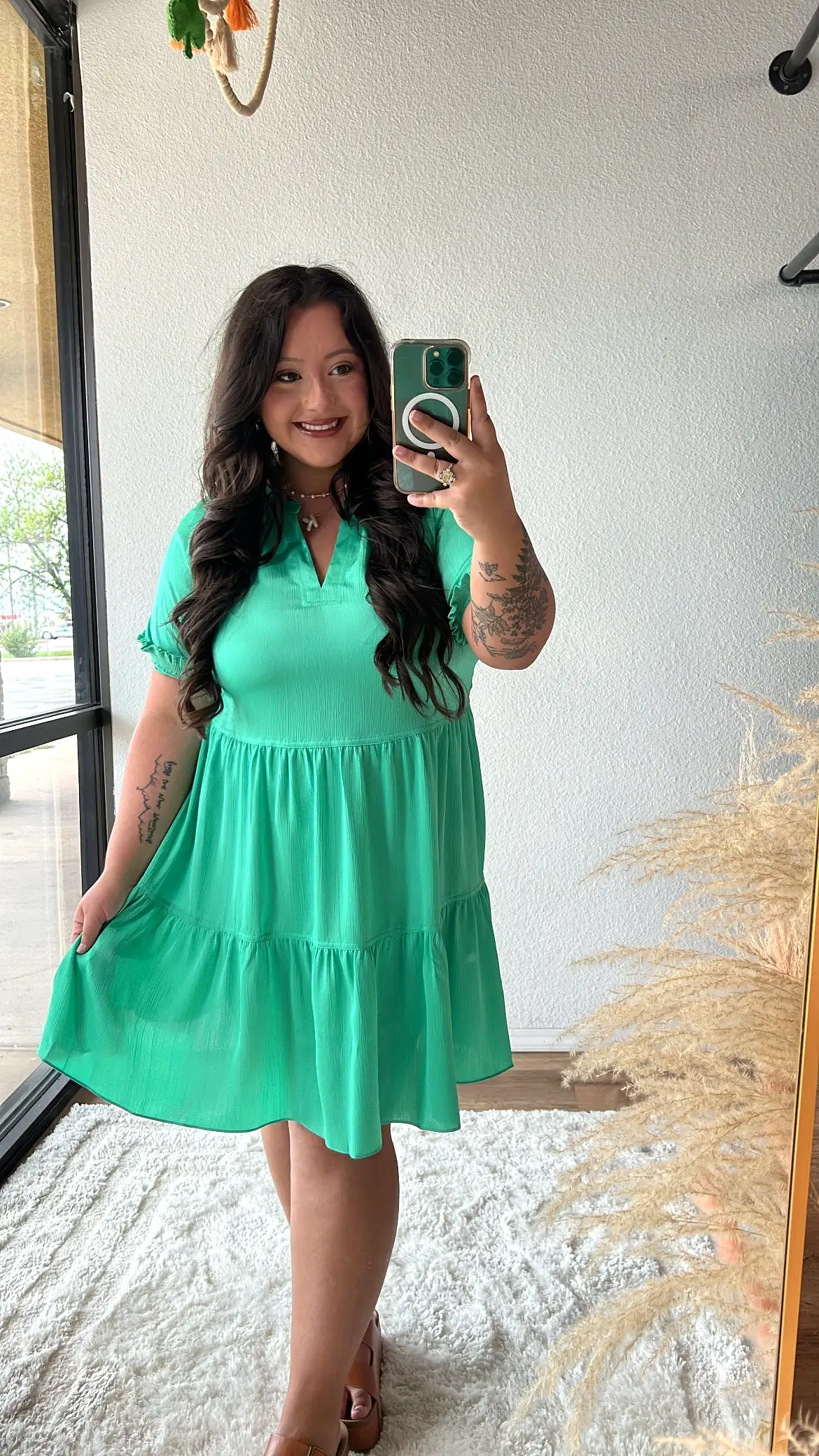 Aqua Green Ruffled Trim Tiered Dress