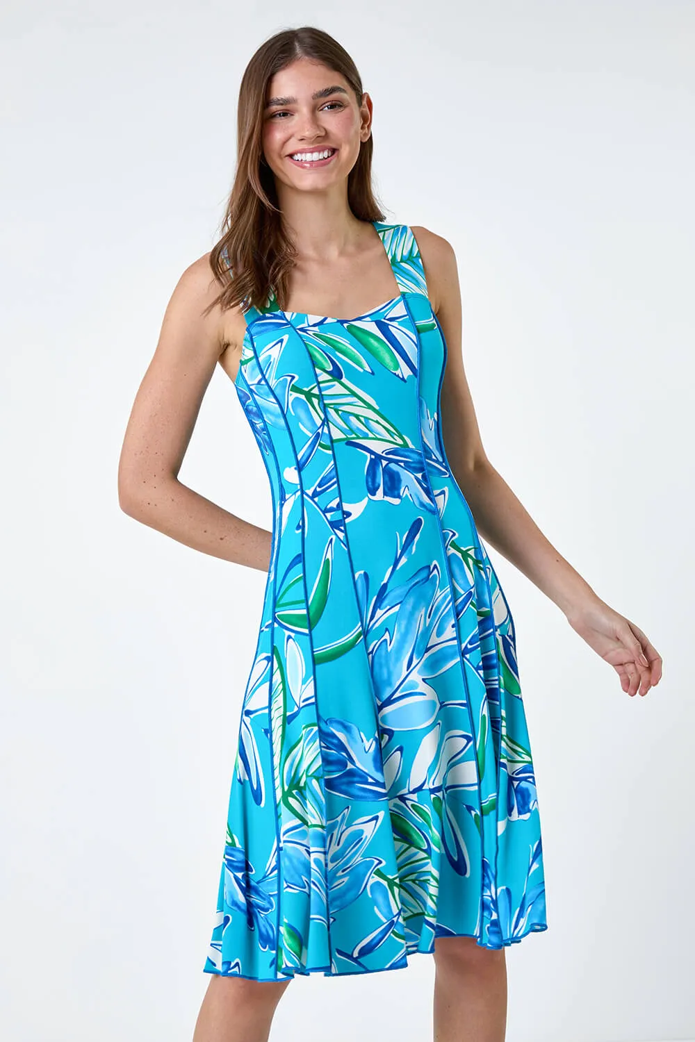 Aqua Leaf Print Stretch Panel Dress | Roman UK