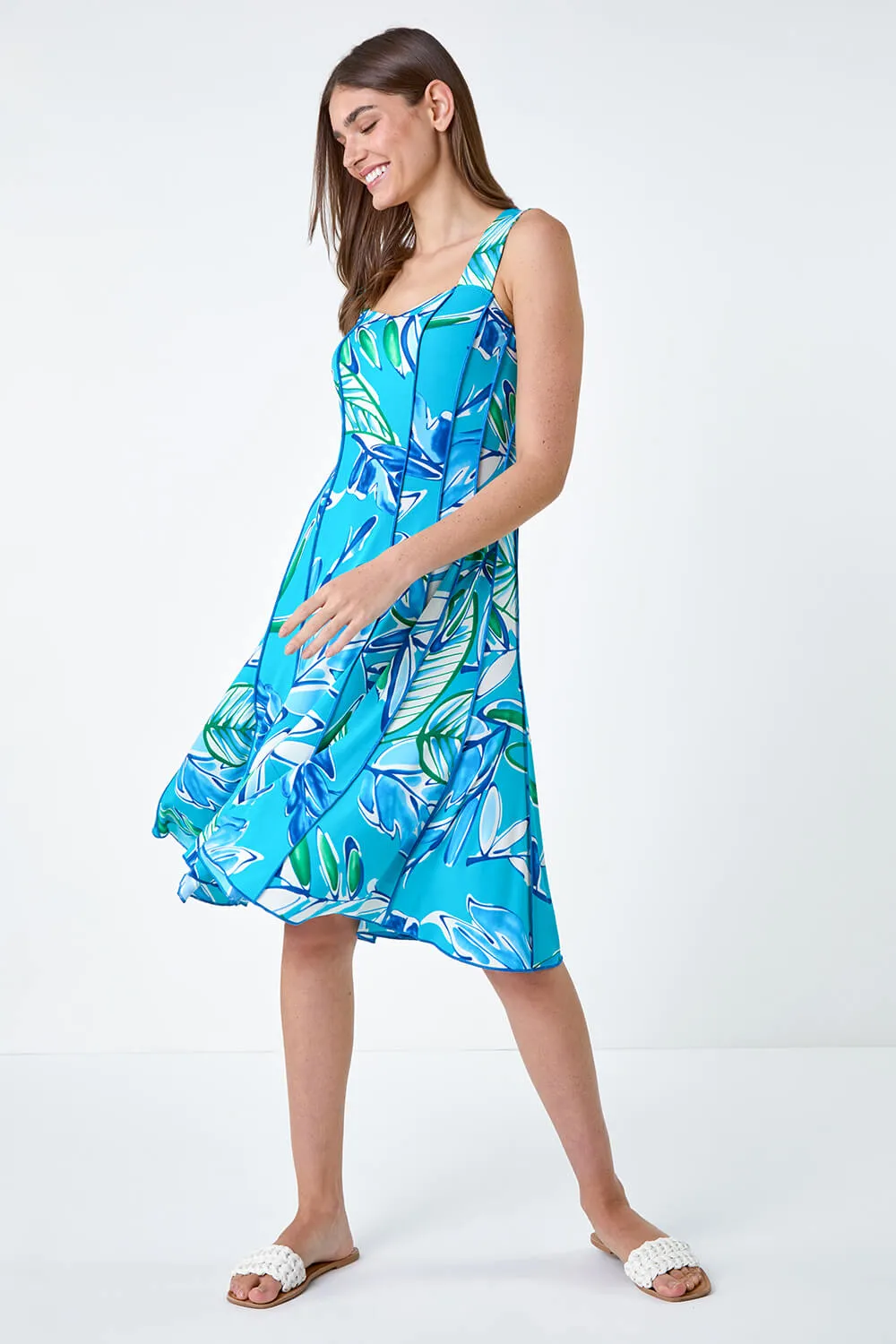 Aqua Leaf Print Stretch Panel Dress | Roman UK