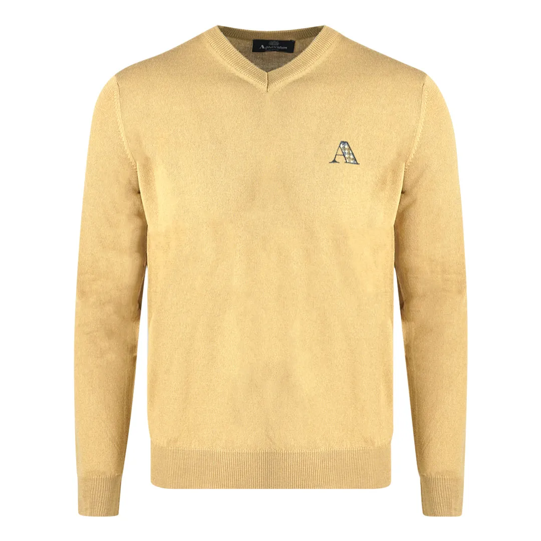 Aquascutum Check A Logo Beige V Neck Jumper