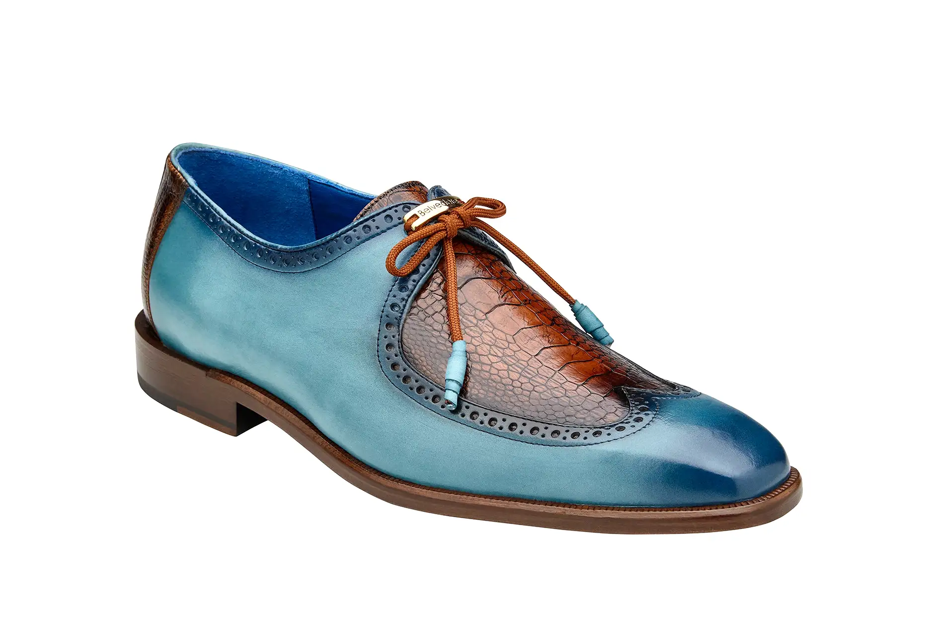 BELVEDERE ETORE Genuine Ostrich / Italian Calf Dress Shoe - Ant. Aqua/Ant. Almond F01