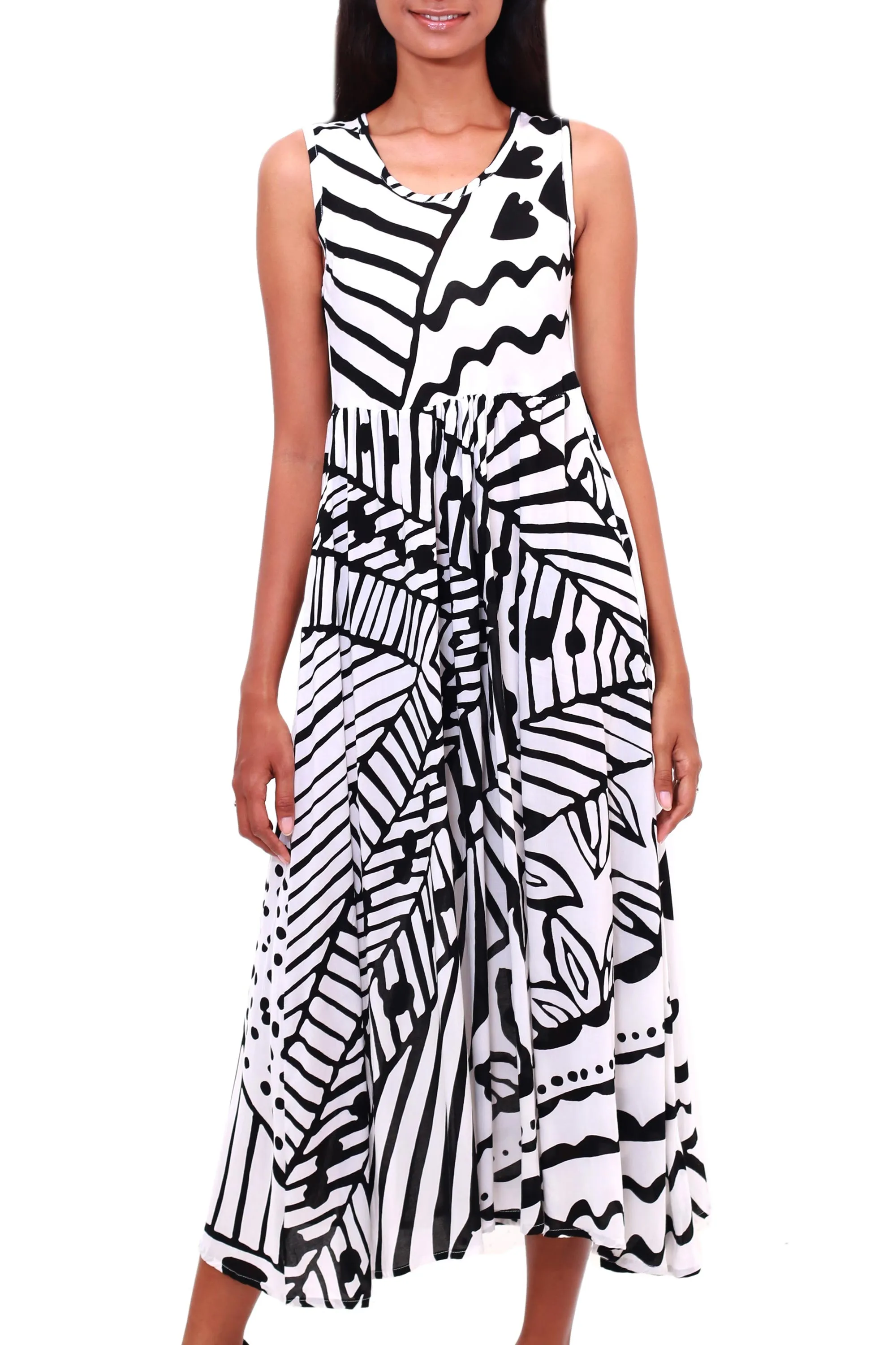 Black and White Jungle Onyx and Eggshell Rayon A-Line Dress from Bali