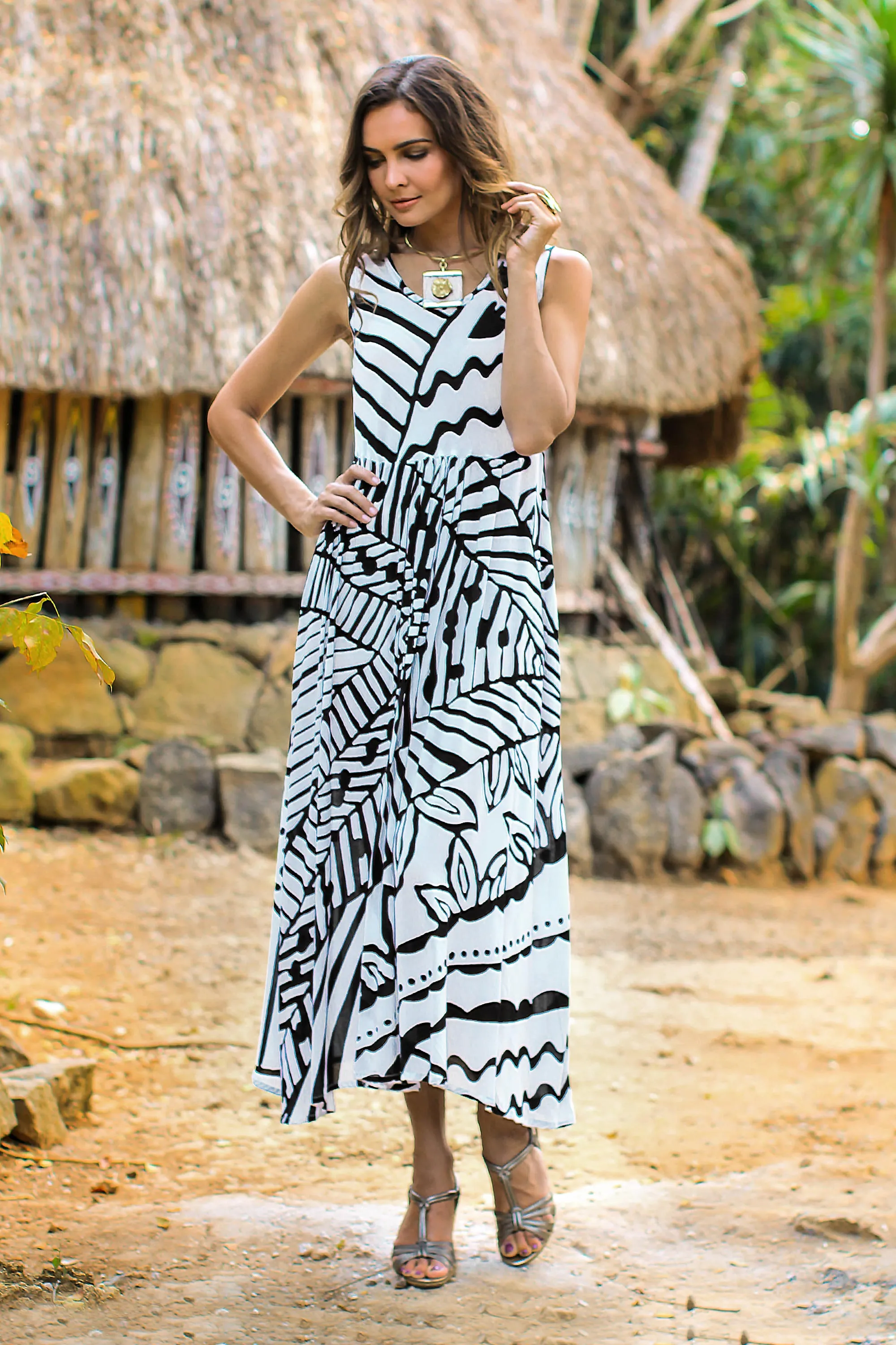 Black and White Jungle Onyx and Eggshell Rayon A-Line Dress from Bali