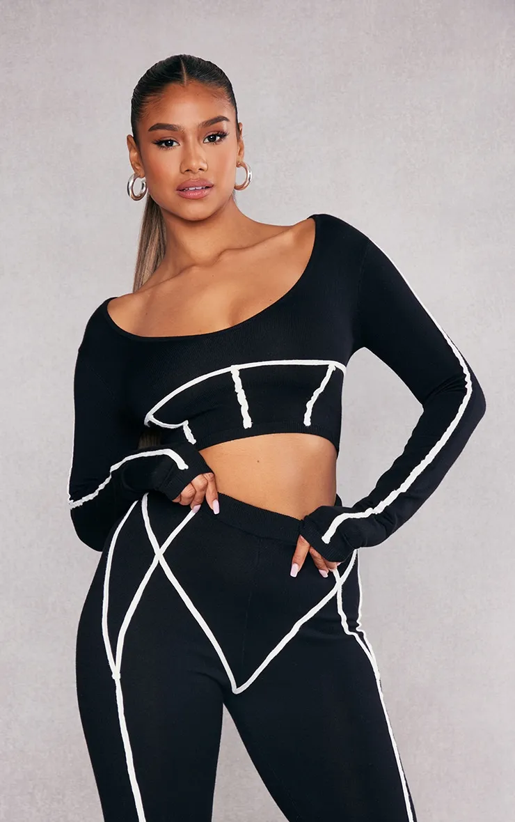 Black Contrast Binding Long Sleeve Knit Crop Top