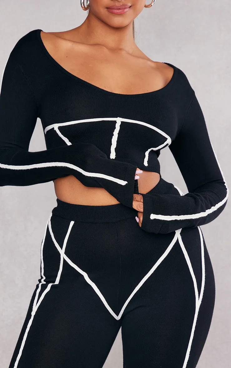 Black Contrast Binding Long Sleeve Knit Crop Top