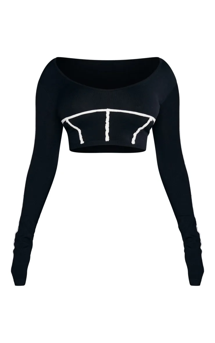 Black Contrast Binding Long Sleeve Knit Crop Top