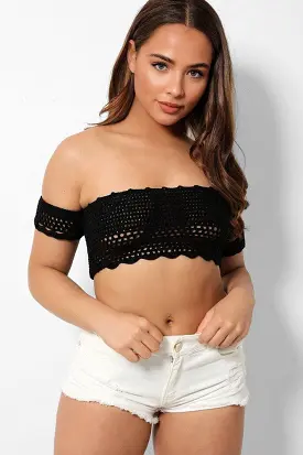 Black Crochet Knit Bardot Crop Top