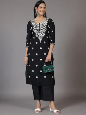 Black Embroidered Rayon Straight Kurta