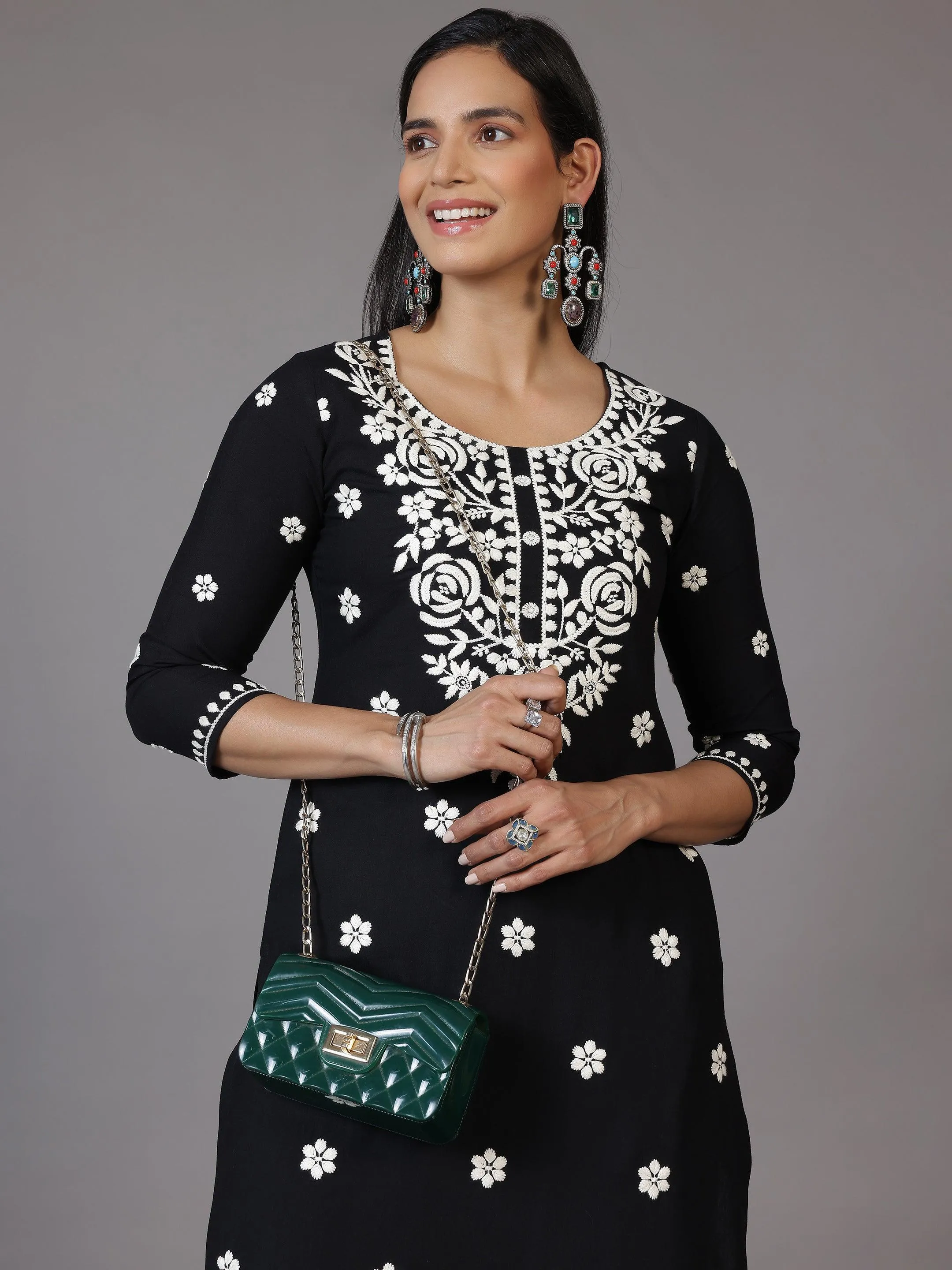 Black Embroidered Rayon Straight Kurta