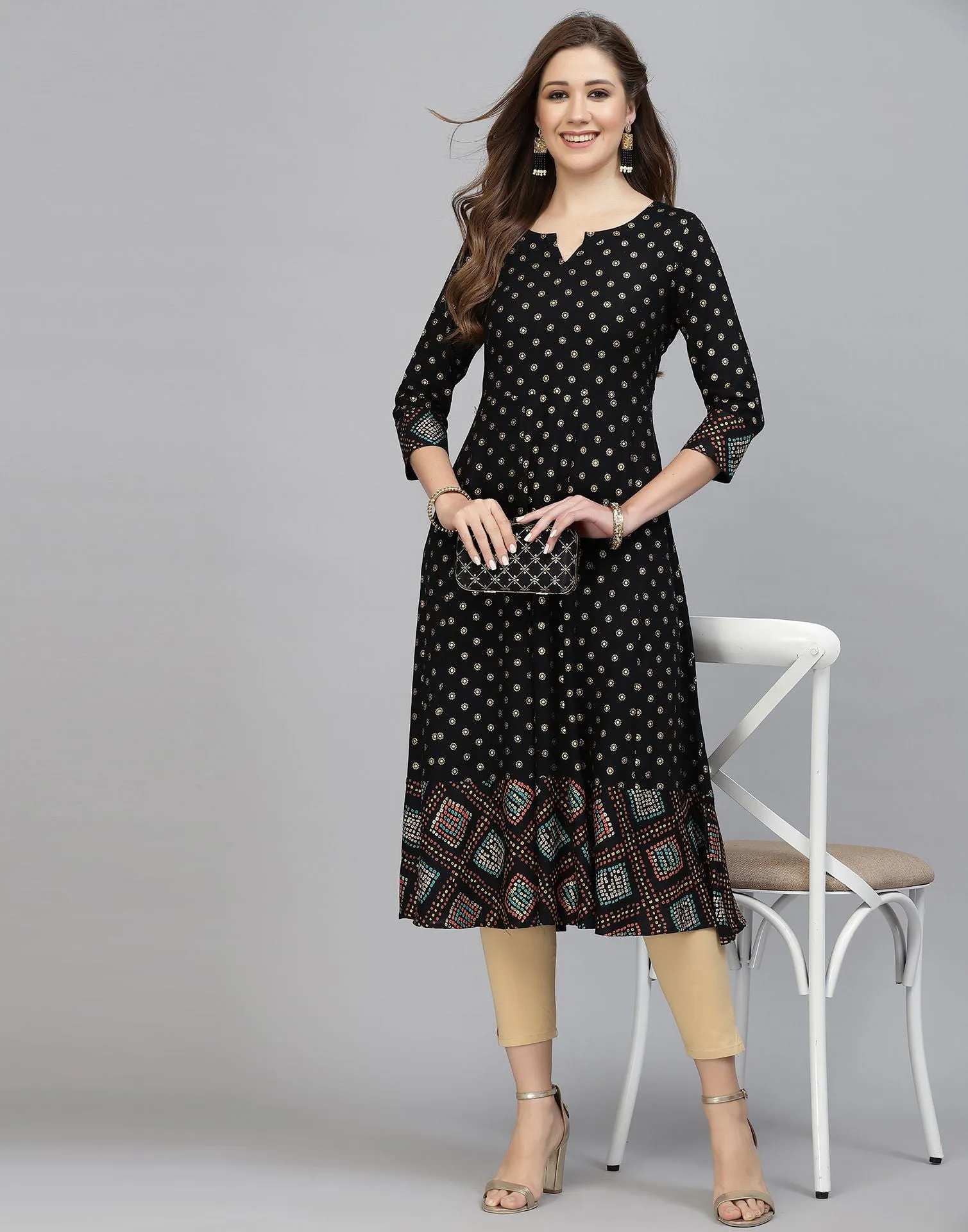 Black Printed Rayon A-Line Kurta