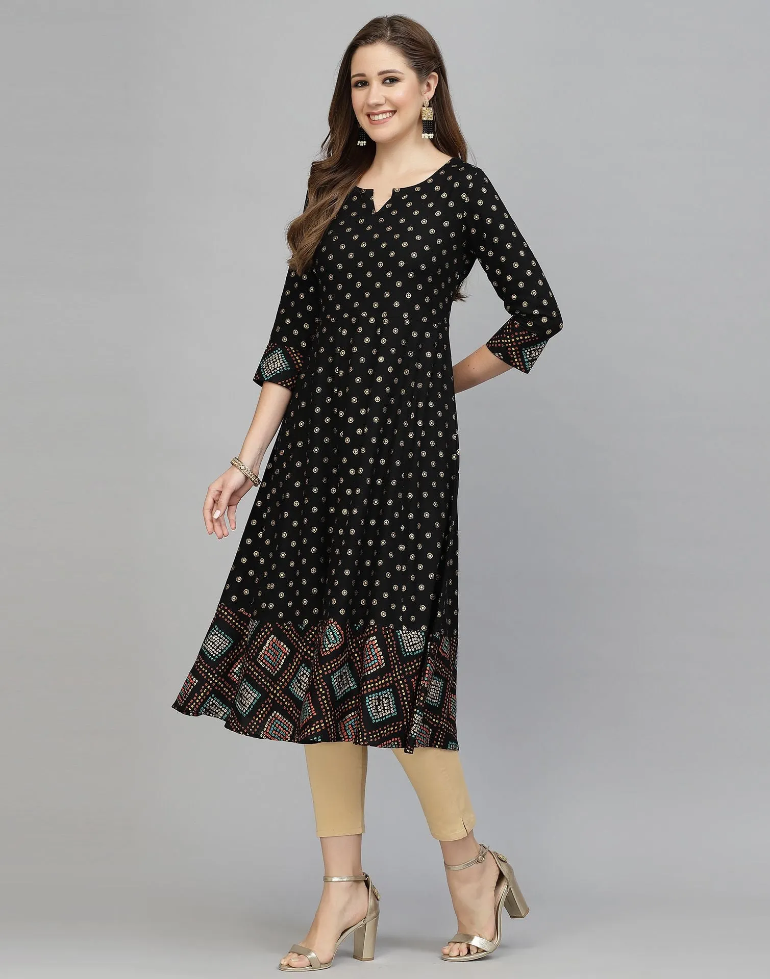 Black Printed Rayon A-Line Kurta