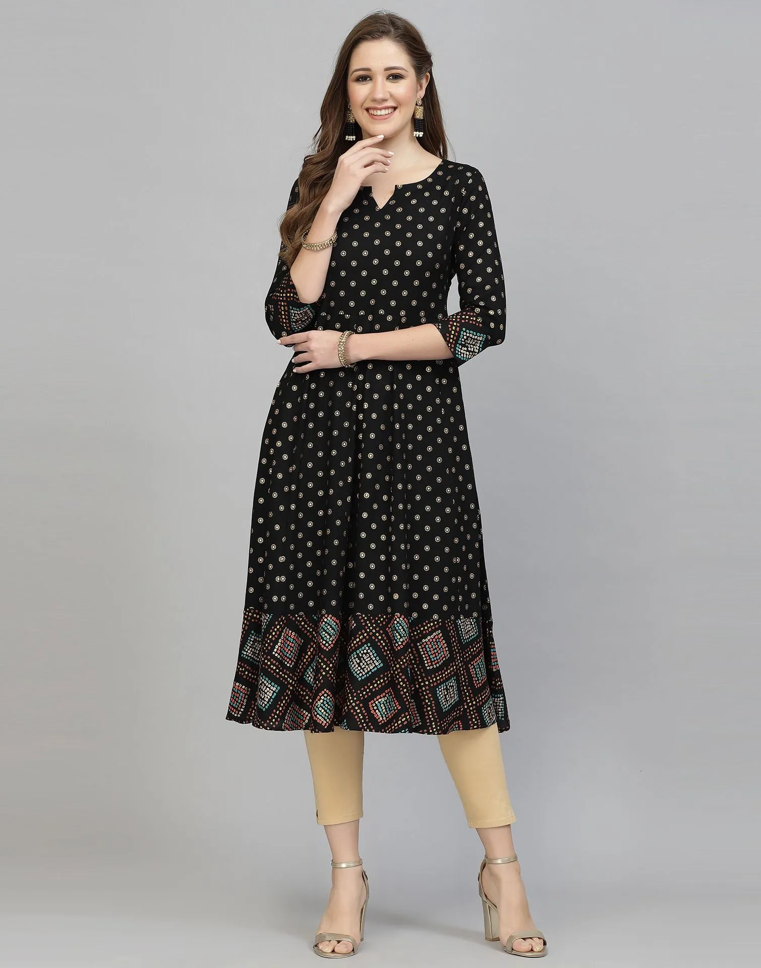 Black Printed Rayon A-Line Kurta