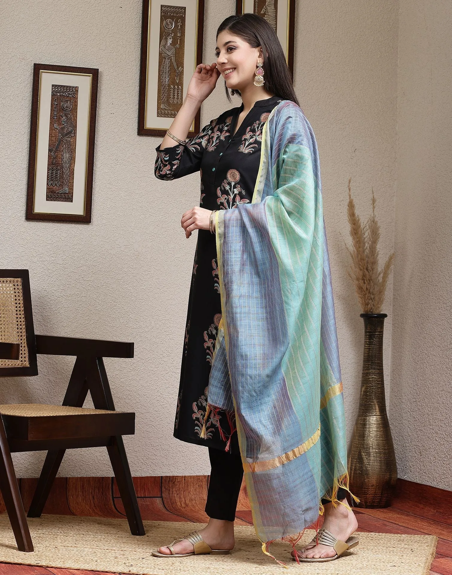 Black Printed Rayon Straight Kurta Set With Dupatta