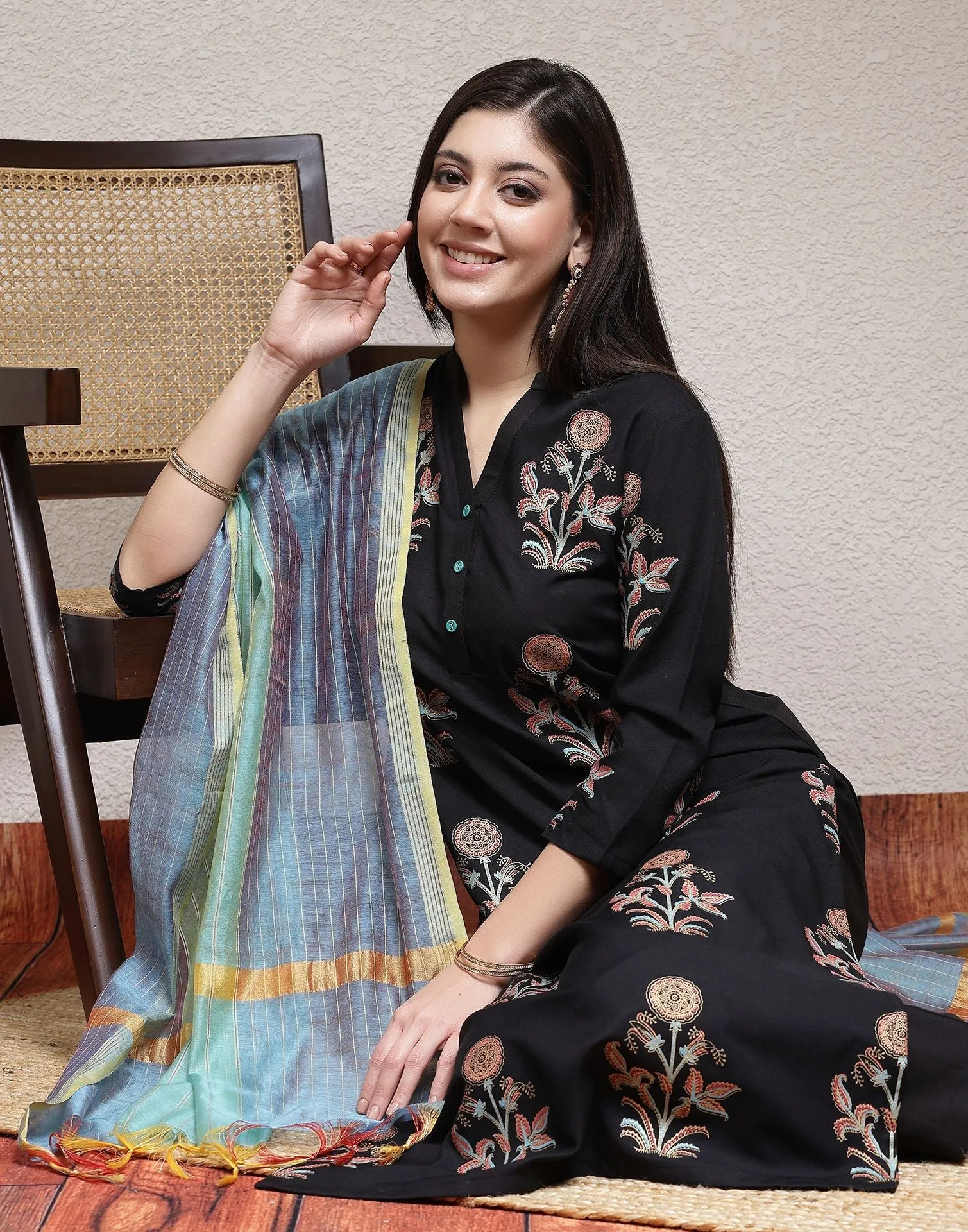 Black Printed Rayon Straight Kurta Set With Dupatta