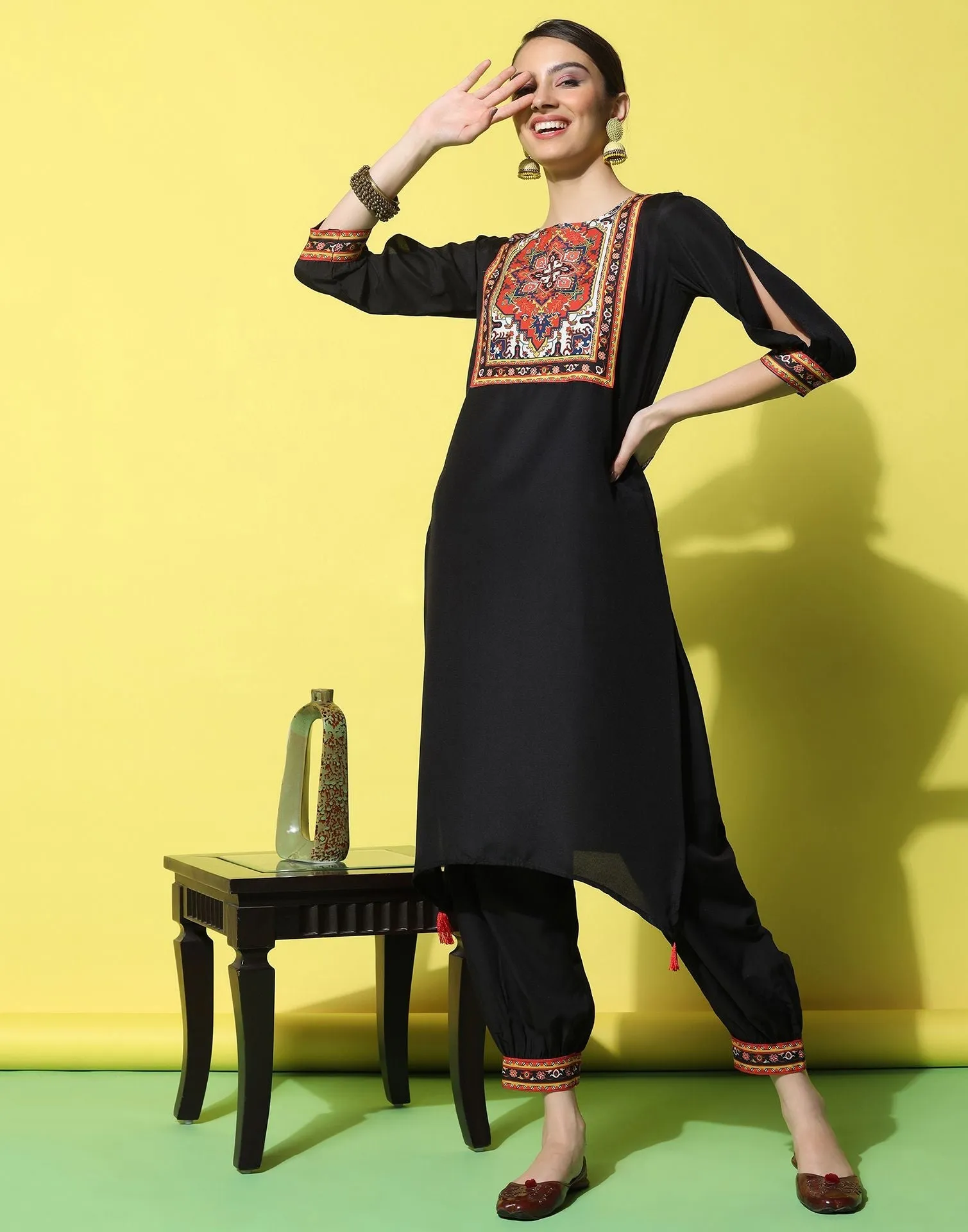 Black Printed Rayon Straight Kurta Set With Pant