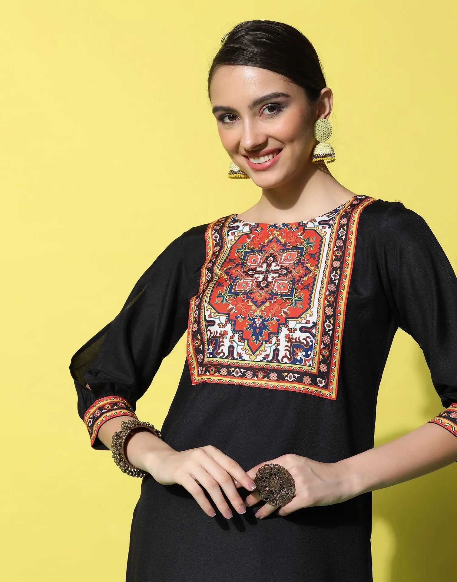 Black Printed Rayon Straight Kurta Set With Pant