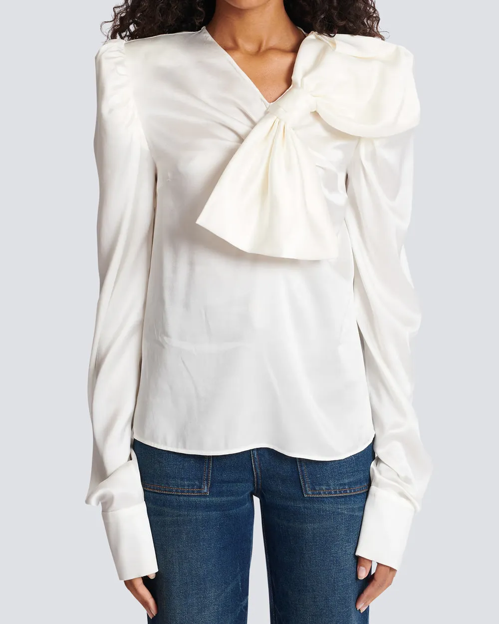 Blanc Long Sleeve Satin Bow Blouse