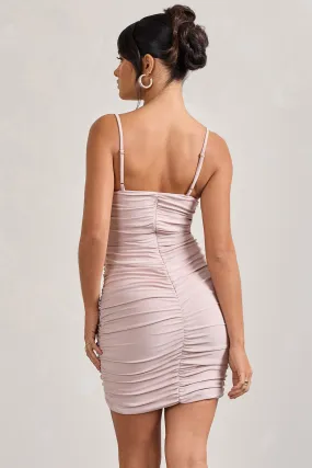 Brightest | Champagne Ruched Strappy Asymmetric Bodycon Mini Dress