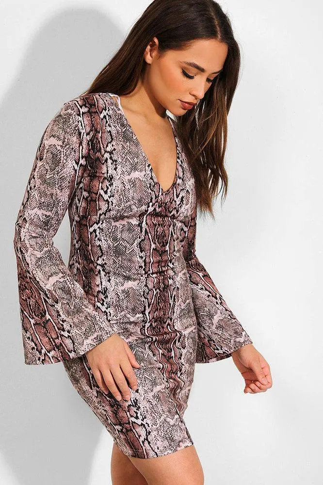 Brown Python Print Flute Sleeves Mini Bodycon Dress