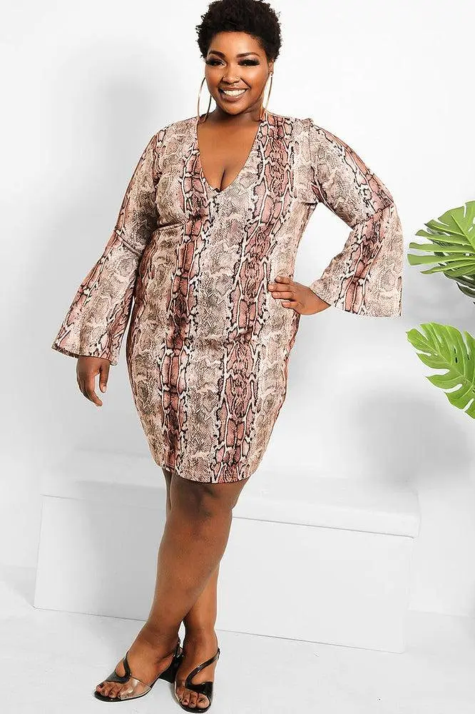 Brown Python Print Flute Sleeves Mini Bodycon Dress