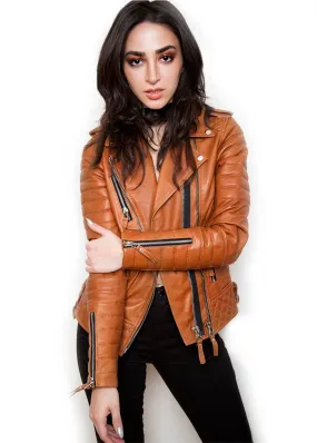 Buy Womens Quilted Leather Motorcycle Jacket Brown | LucaJackets