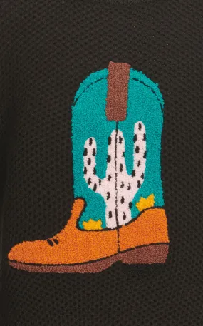 Cotton & Rye Girl's Black Fuzzy Turquoise Cactus Boot Appliqué Long Sleeve Sweater