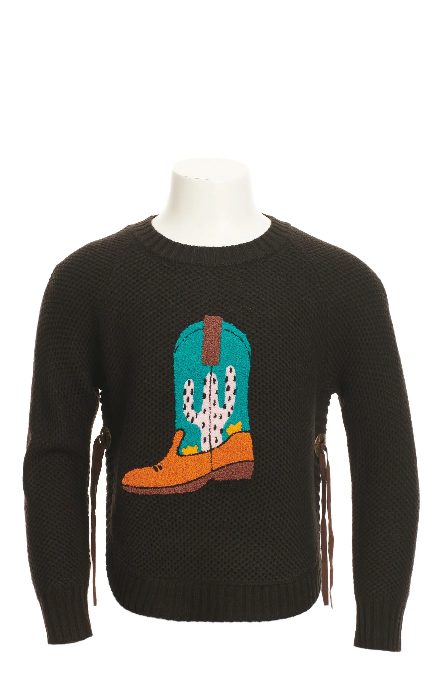 Cotton & Rye Girl's Black Fuzzy Turquoise Cactus Boot Appliqué Long Sleeve Sweater