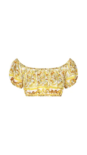 Cotton Poplin Crop Top With Majolica Print - Yellow