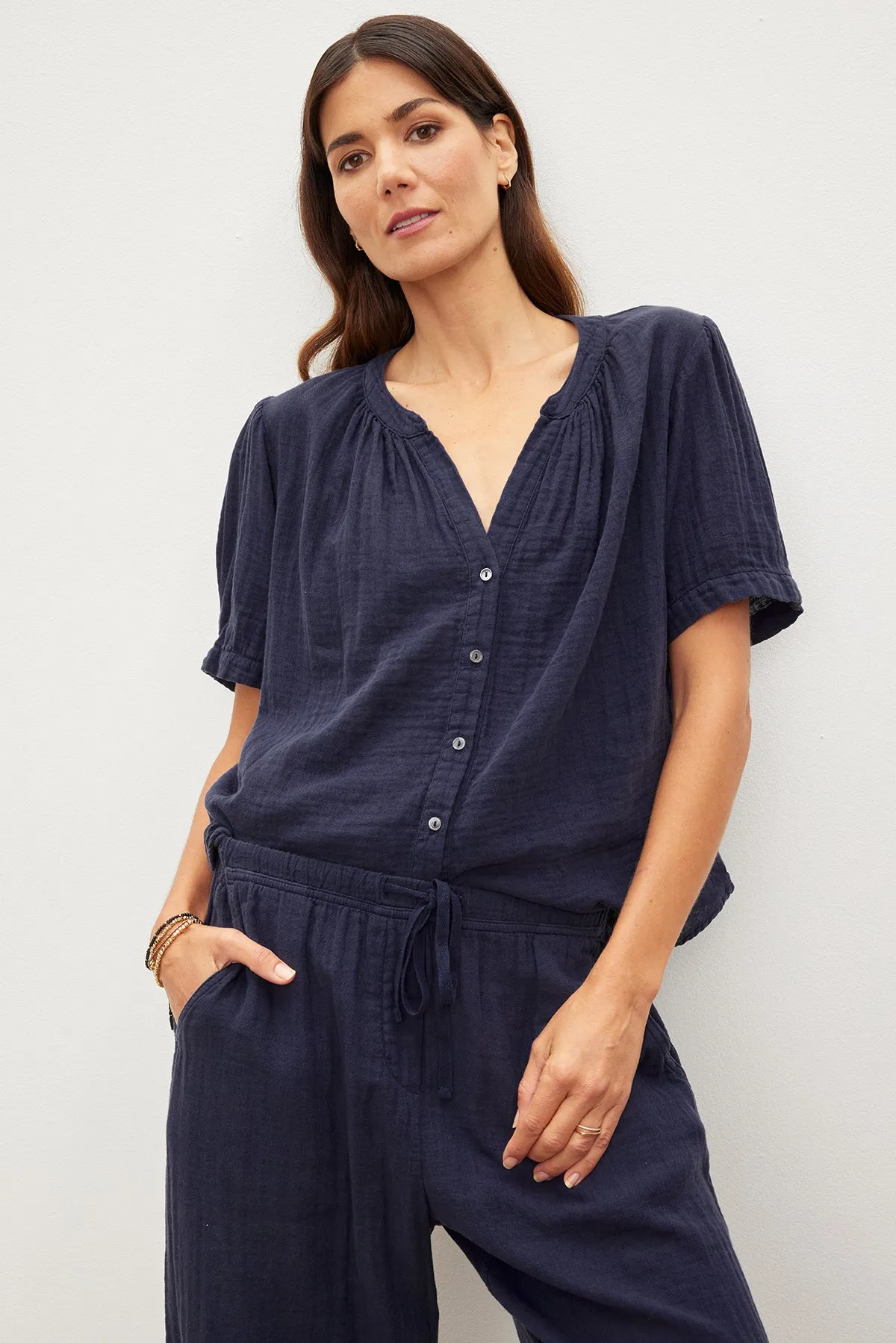 DEANN COTTON GAUZE BUTTON-UP TOP