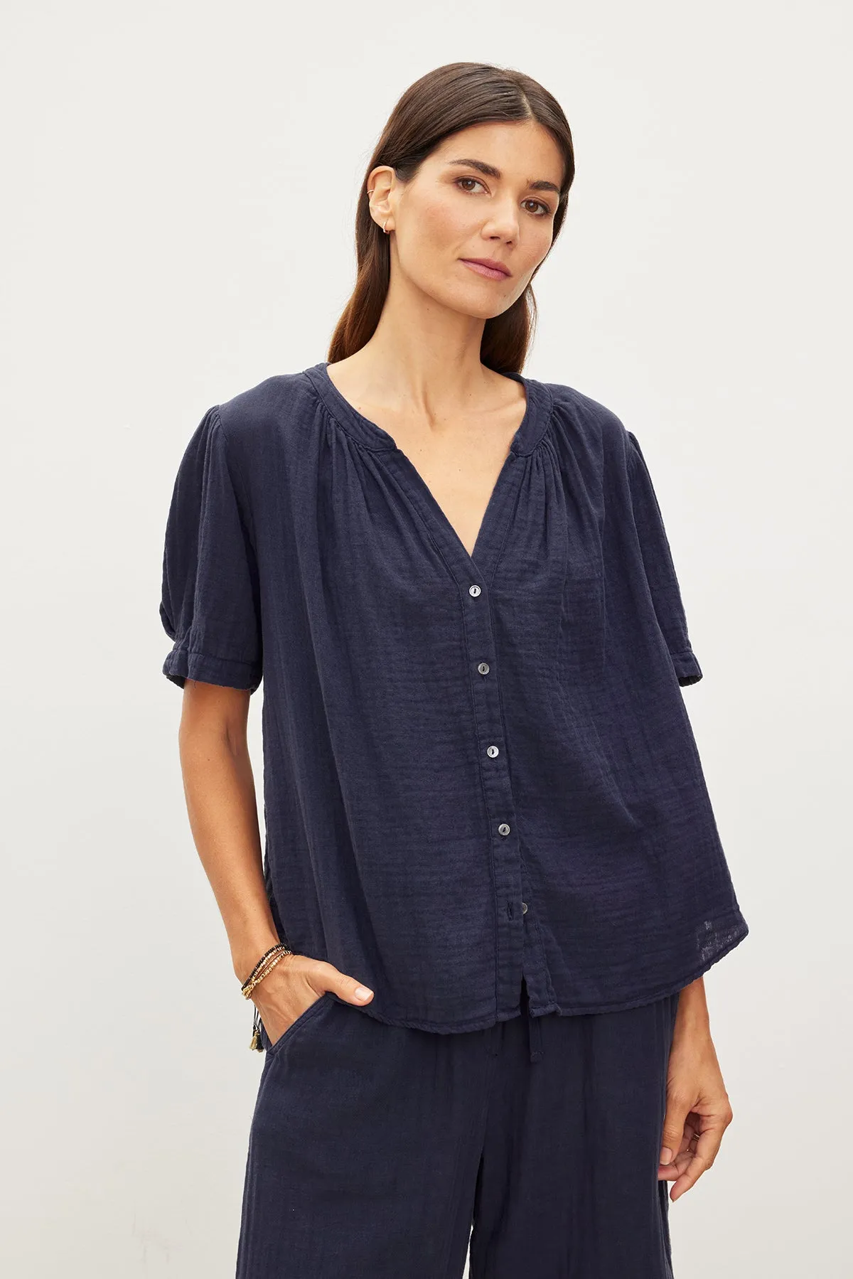 DEANN COTTON GAUZE BUTTON-UP TOP