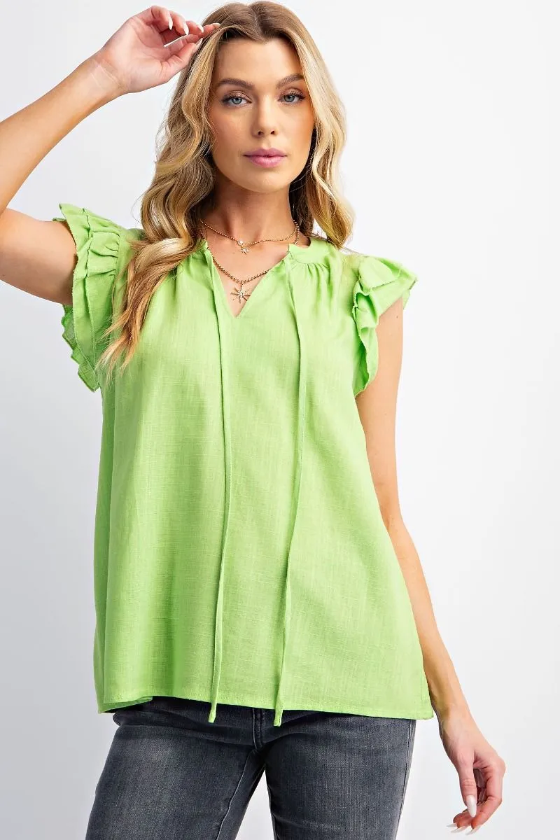 Double Ruffle Sleeve Cotton Linen Top