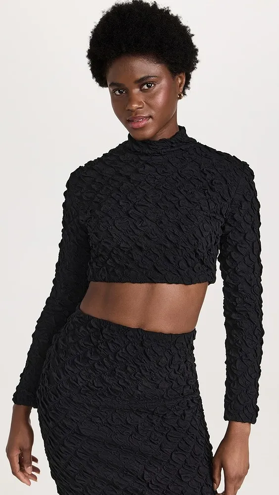 Dur Doux   Puckered Knit Long Sleeve Crop Top 