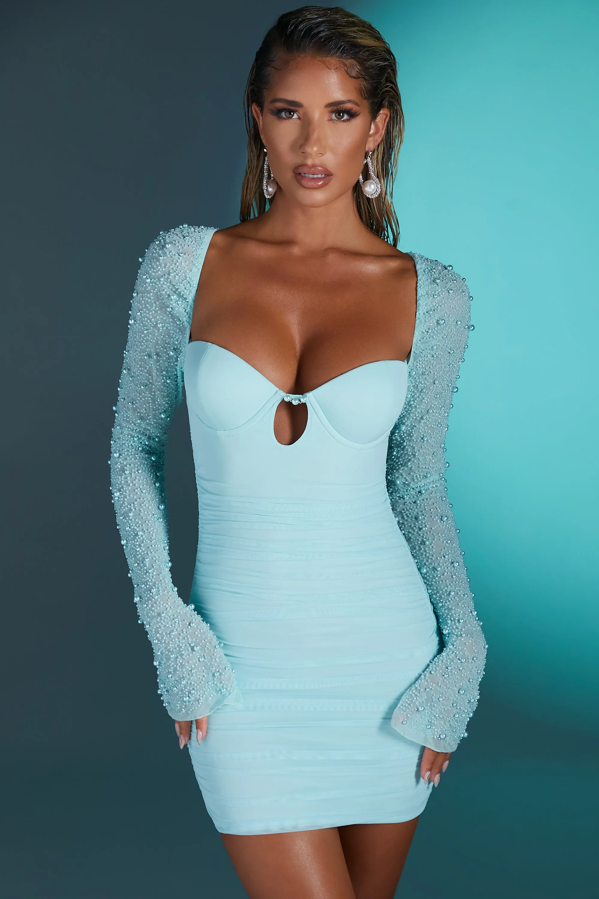 Embellished Long Sleeve Mini Dress in Aqua