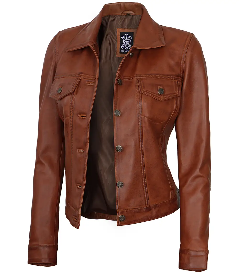 Fernando Women's Cognac Brown Trucker  Leather Jacket